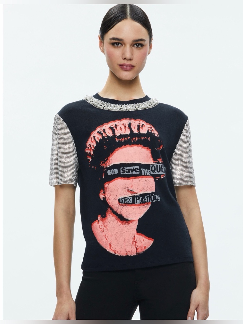 $350 Alice & Olivia TARI EMBELLISHED CRYSTAL SLEEVE TEE Sex Pistols Rhinestone